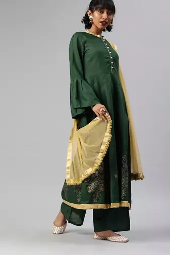 Green Solid Cotton Anarkali Kurta Set