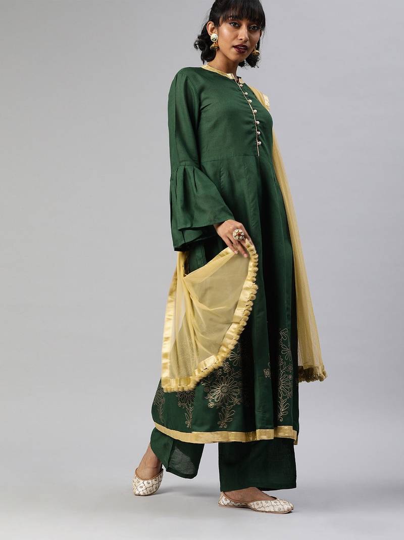Green Solid Cotton Anarkali Kurta Set