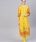 Yellow Red Printed Cotton Straight Kurta Set