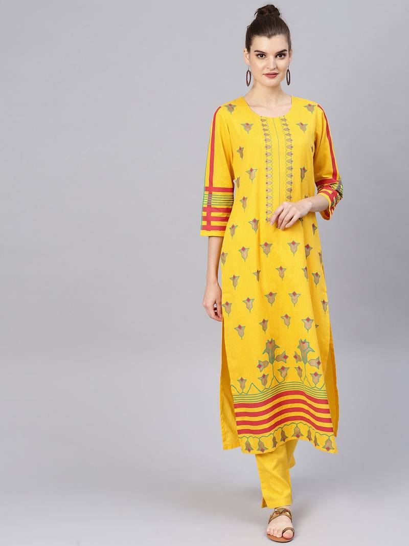 Yellow Red Printed Cotton Straight Kurta Set