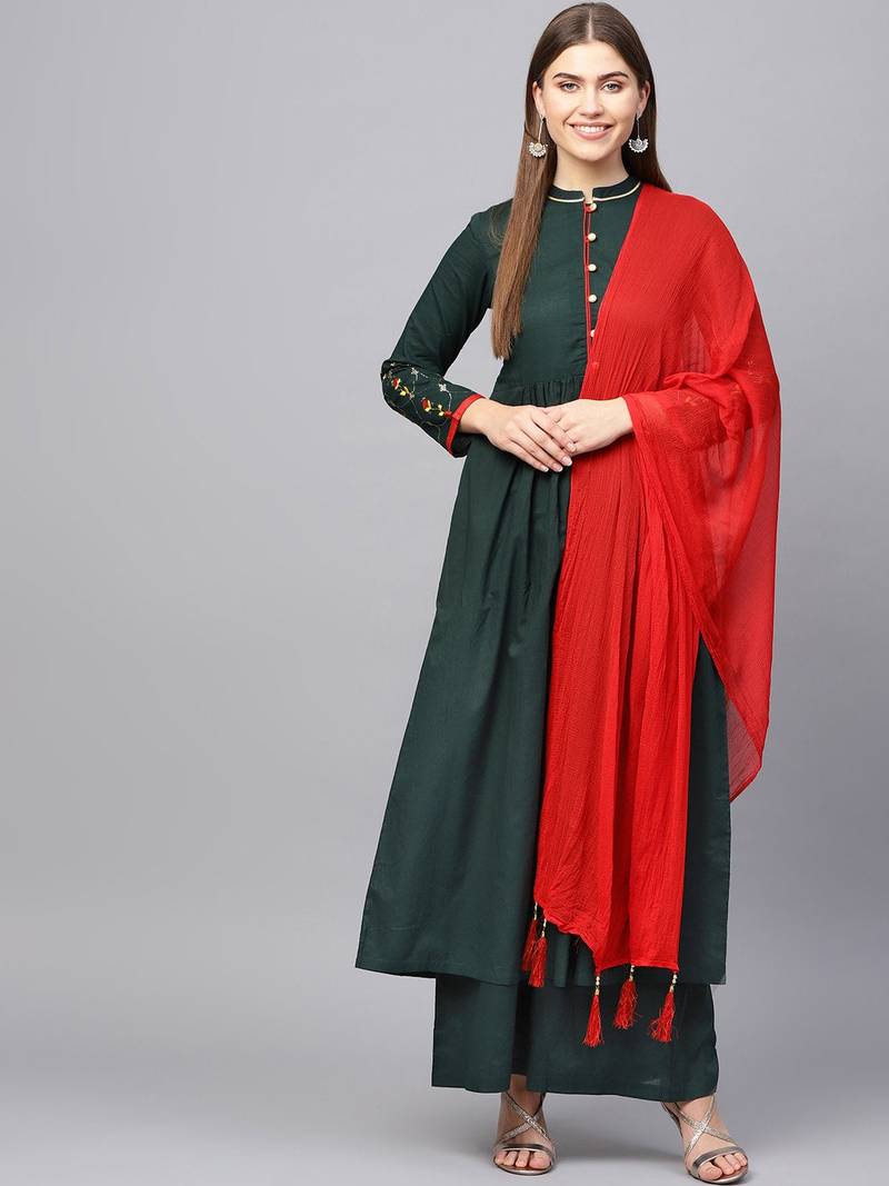 Green Solid Cotton  Kurta Set