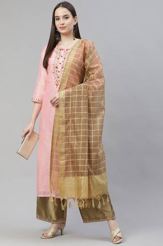 Pink Embroidered Cotton Straight Kurta Set