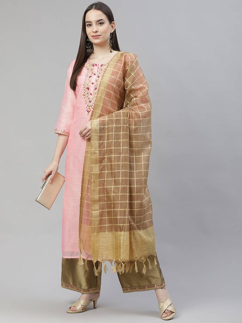 Pink Embroidered Cotton Straight Kurta Set