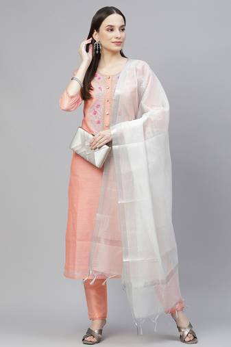 Peach Printed Cotton Straight Kurta Set