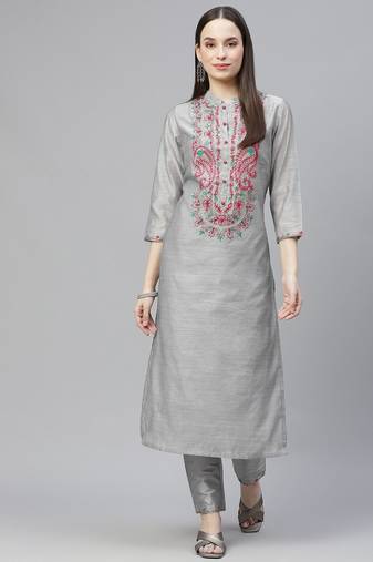 Grey Printed Cotton Straight Kurta Set