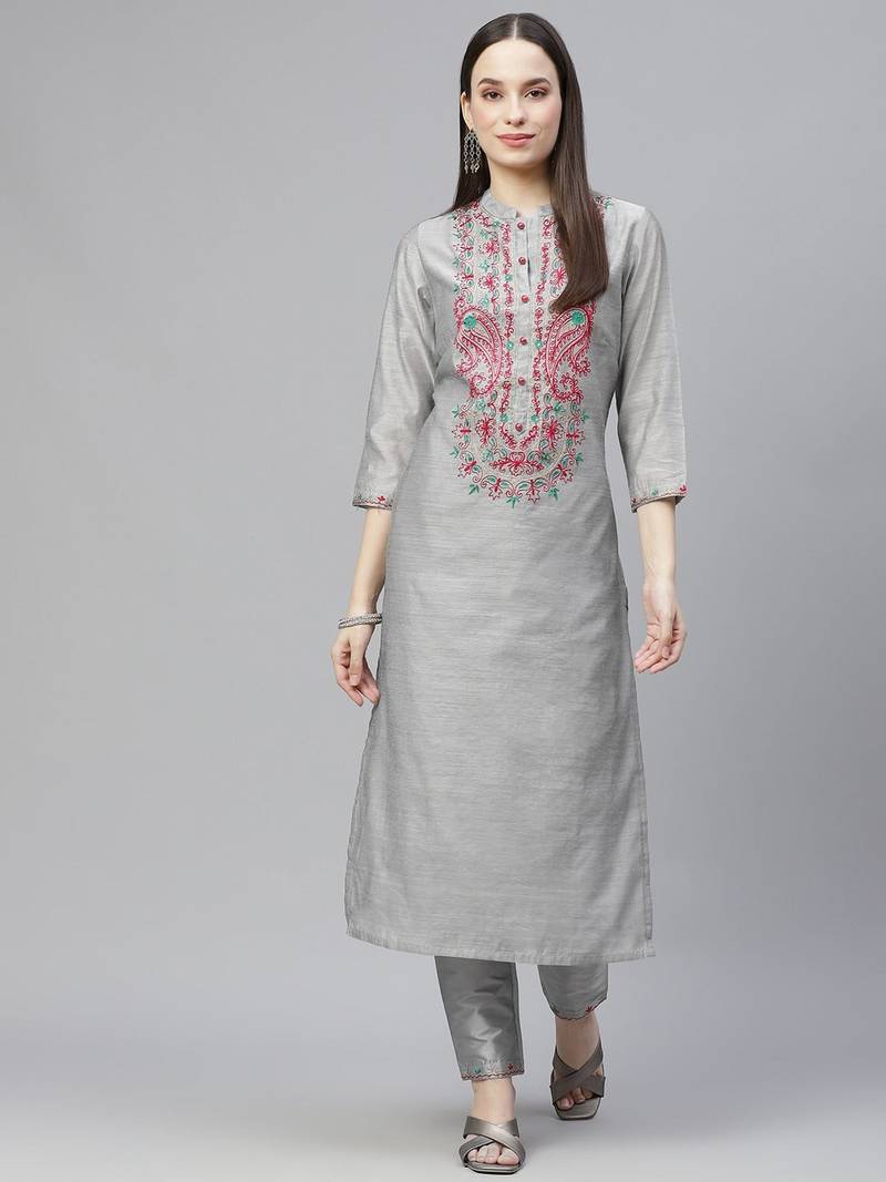 Grey Printed Cotton Straight Kurta Set