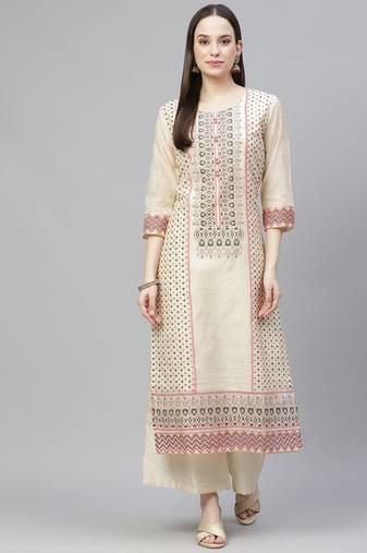 Cream Printed Cotton Straight Kurta Set