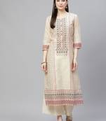 Cream Printed Cotton Straight Kurta Set