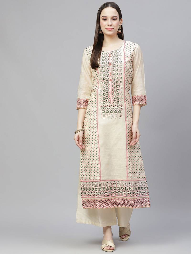 Cream Printed Cotton Straight Kurta Set