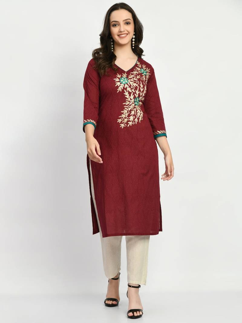 Brown Embroidered Cotton Straight Kurti