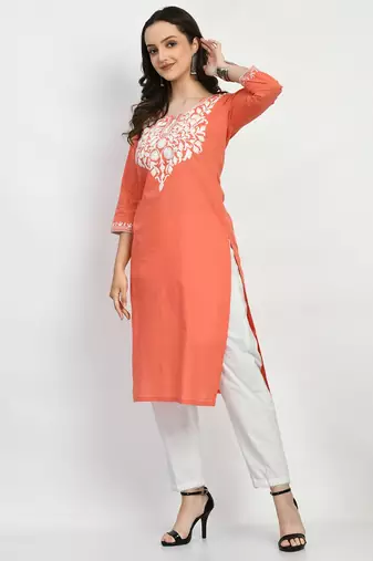 Peach Embroidered Cotton Straight Kurti