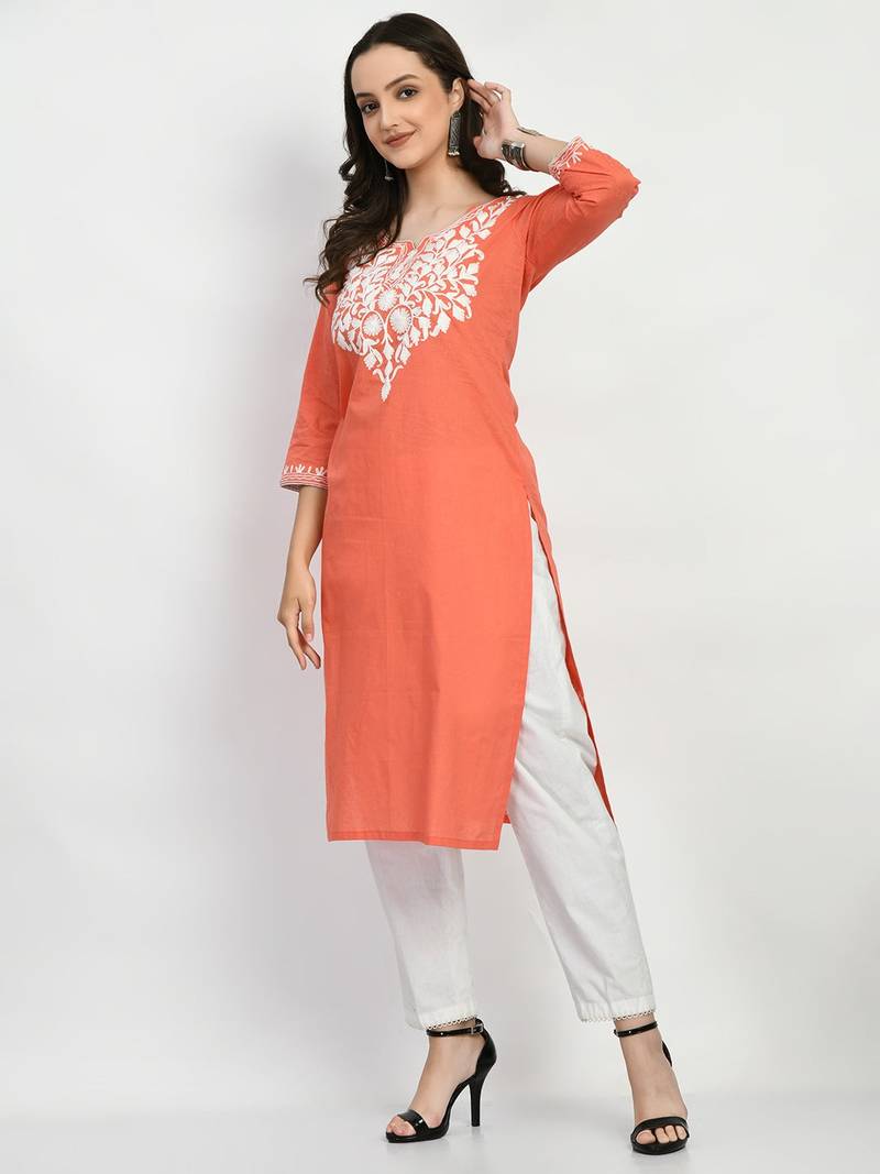 Peach Embroidered Cotton Straight Kurti