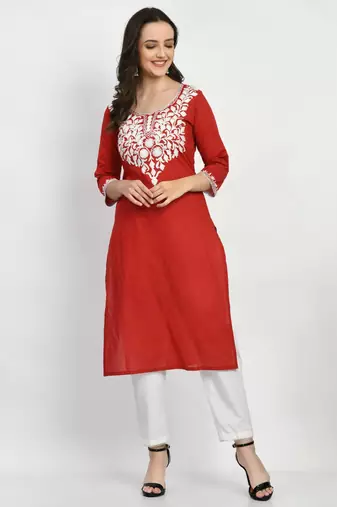 Red Embroidered Cotton Straight Kurti