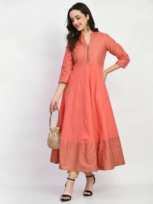 Peach Printed Cotton Anarkali Kurti 1