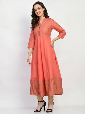 Peach Printed Cotton Anarkali Kurti 3