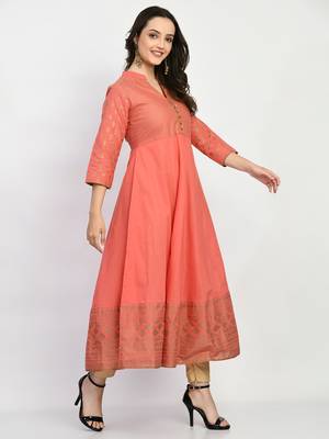 Peach Printed Cotton Anarkali Kurti 4