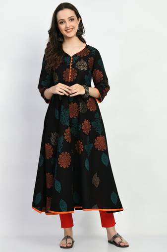 Black Printed Cotton Anarkali Kurti