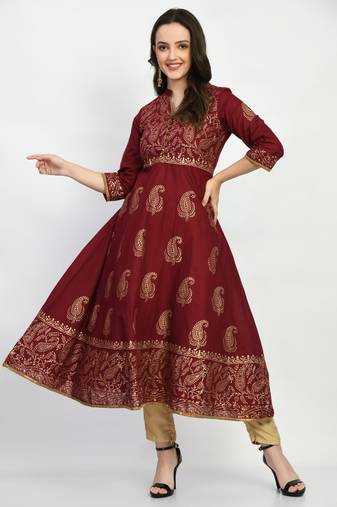 Brown Printed Cotton Anarkali Kurti