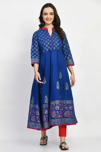 Blue Printed Cotton Anarkali Kurti