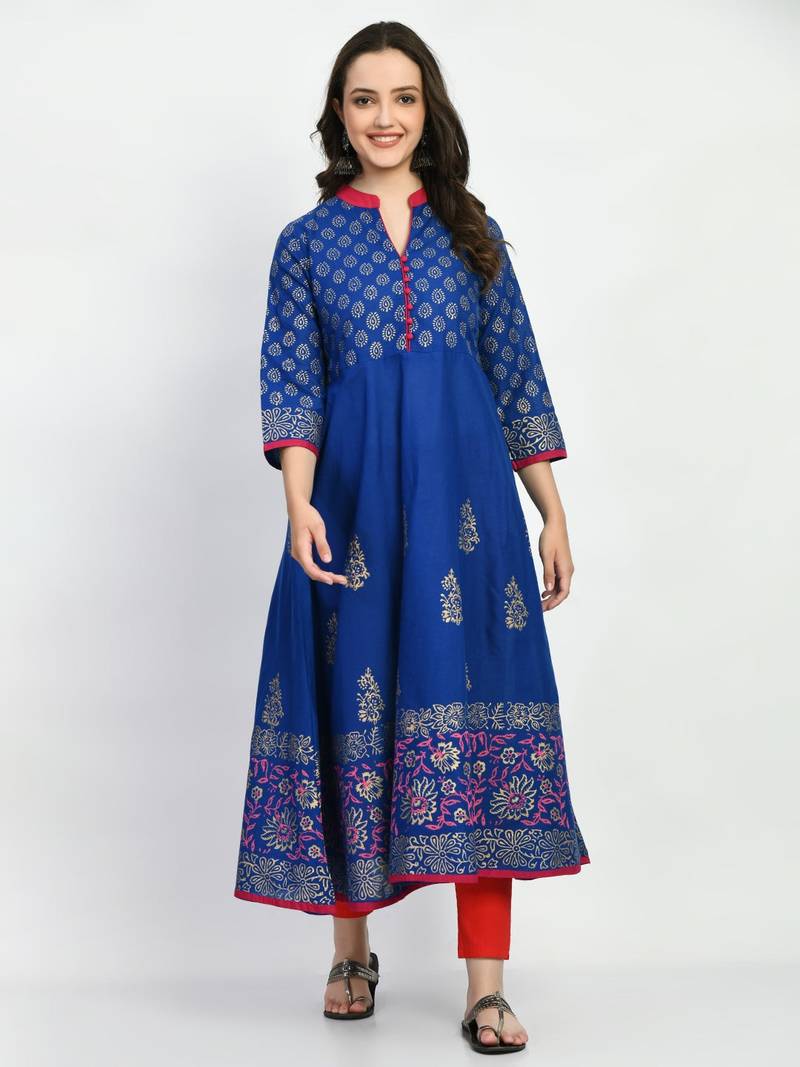 Blue Printed Cotton Anarkali Kurti