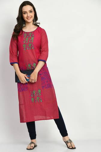 Magenta Printed Cotton Straight Kurti