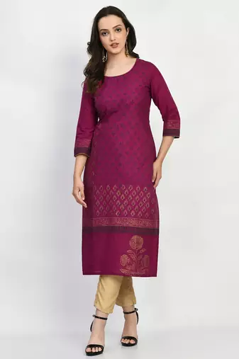 Purple Printed Cotton Straight Kurti