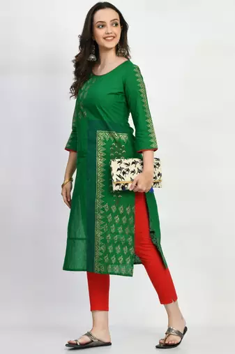 Green Printed Cotton Straight Kurti