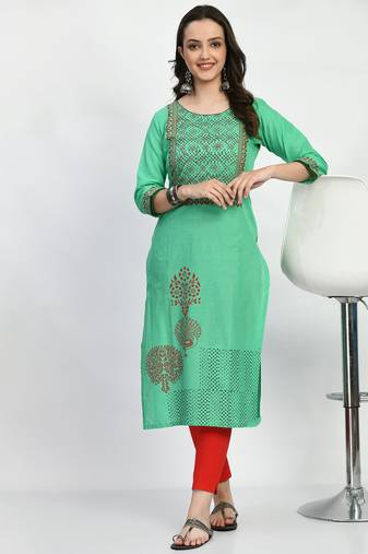 Green Printed Cotton Straight Kurti