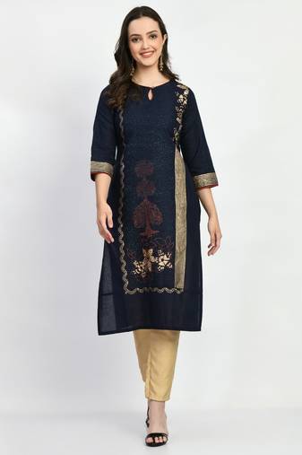 Blue Printed Cotton Straight Kurti