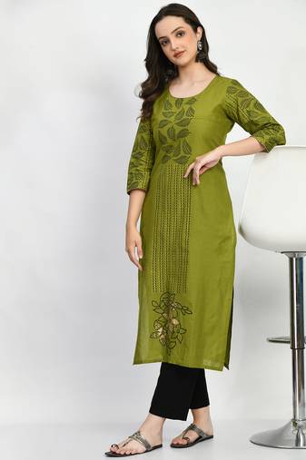 Green Printed Cotton Straight Kurti