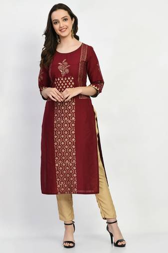 Brown Printed Cotton Straight Kurti