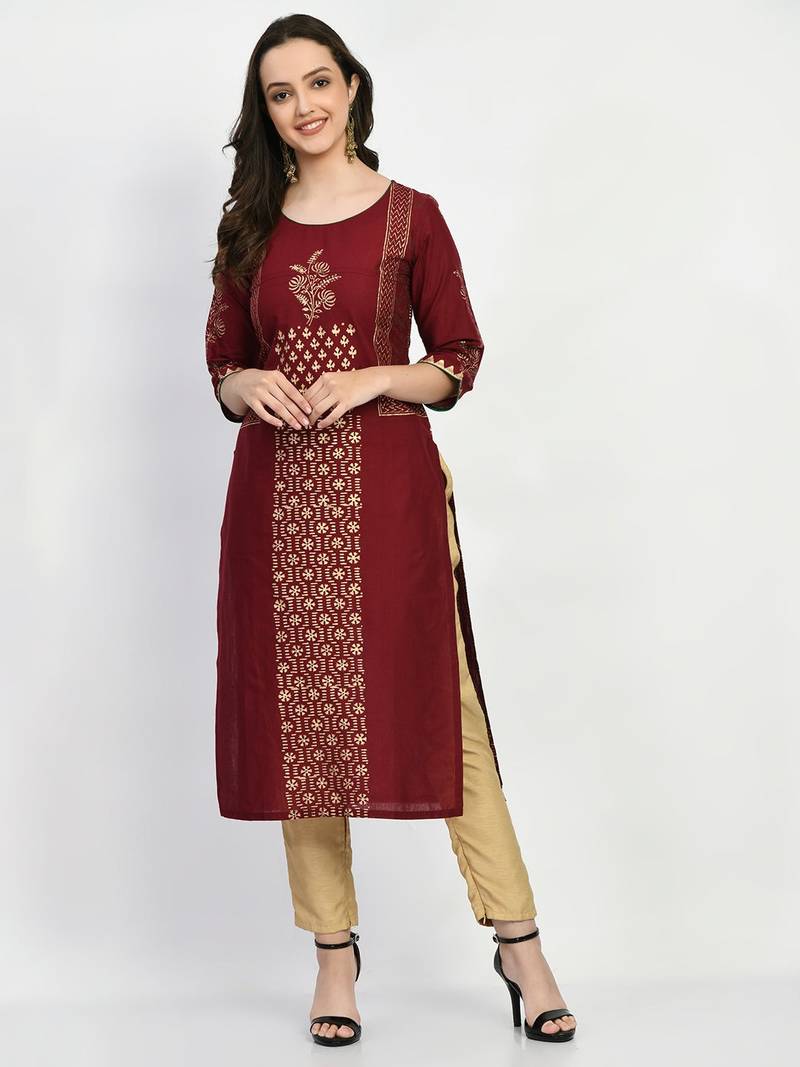 Brown Printed Cotton Straight Kurti