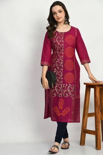 Purple Printed Cotton Straight Kurti