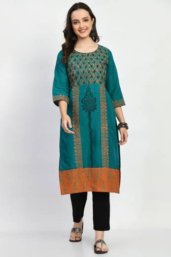 Teal Printed Cotton Straight Kurti