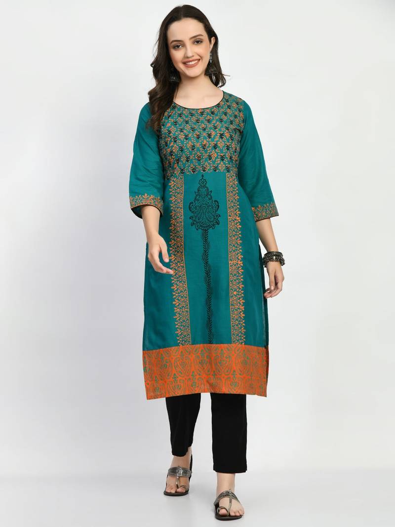 Teal Printed Cotton Straight Kurti