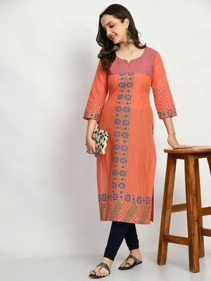 Peach Printed Cotton Straight Kurti 1