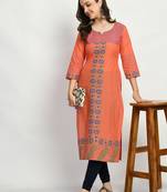Peach Printed Cotton Straight Kurti