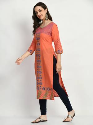 Peach Printed Cotton Straight Kurti 3
