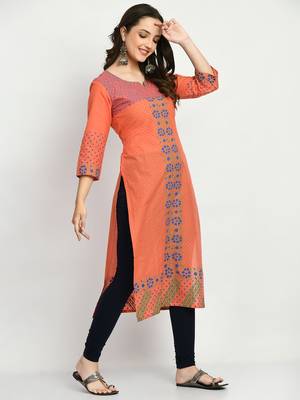 Peach Printed Cotton Straight Kurti 5