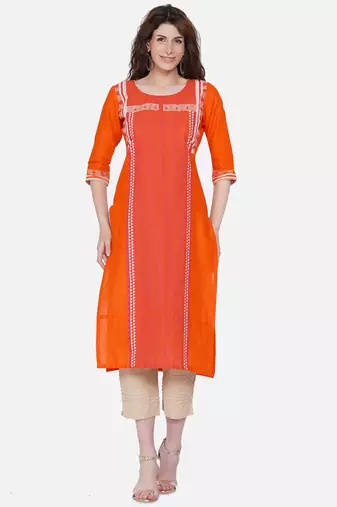 Orange Printed Cotton Straight Straight Kurti