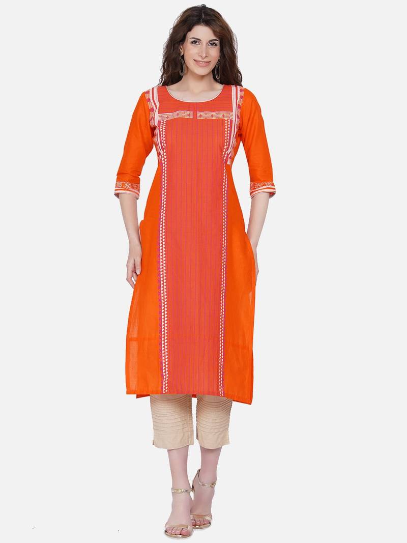 Orange Printed Cotton Straight Straight Kurti