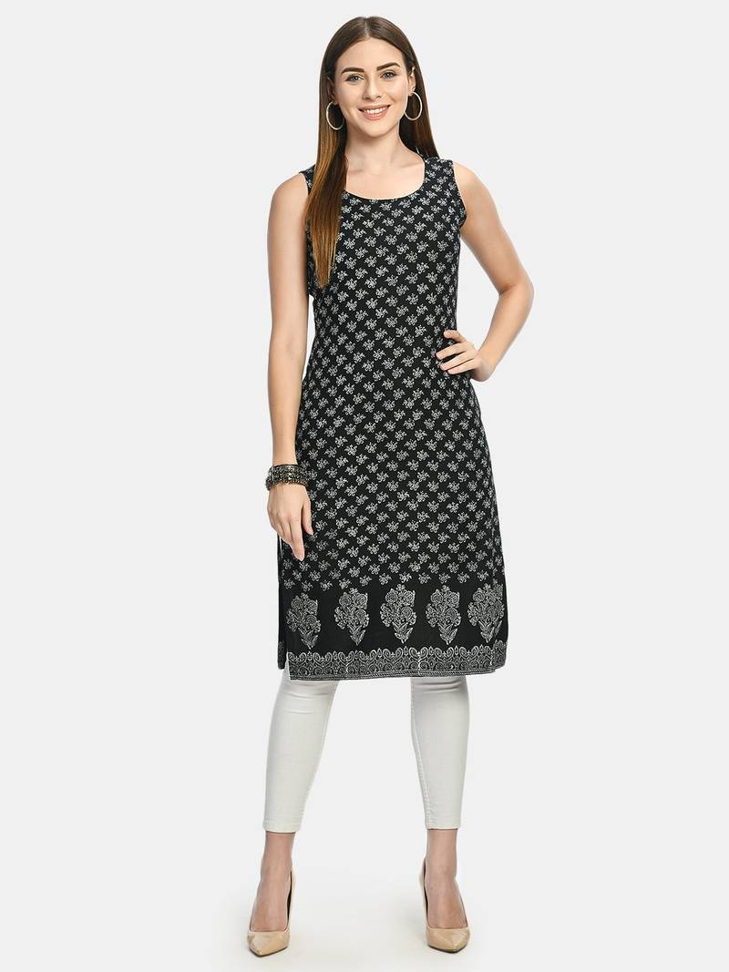 Black Printed Rayon Straight Straight Kurti