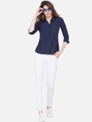 Blue Solid Crepe Shirt Shirt 5
