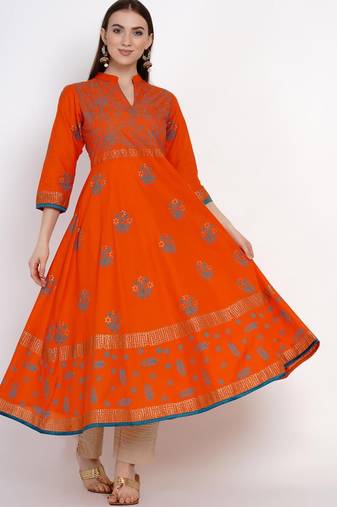 Orange Printed Cotton Anarkali ANARKALI Kurti