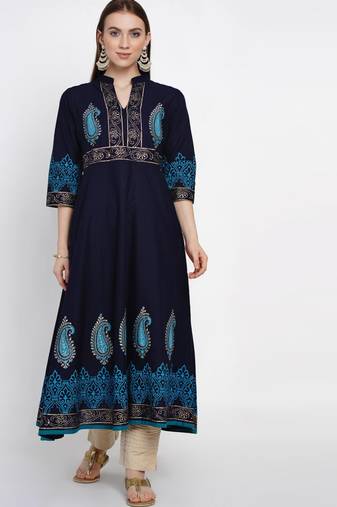Blue Printed Cotton Anarkali ANARKALI Kurti