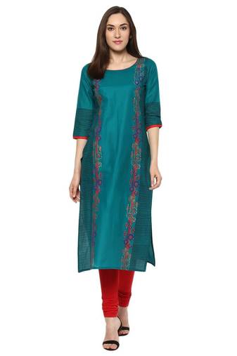 Blue Printed Cotton Straight Kurti