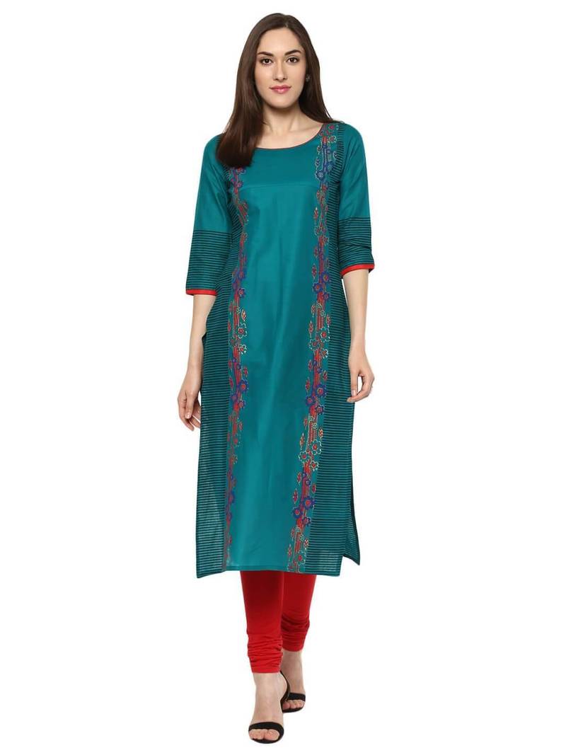 Blue Printed Cotton Straight Kurti