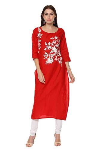 Red Printed Cotton Straight Kurti