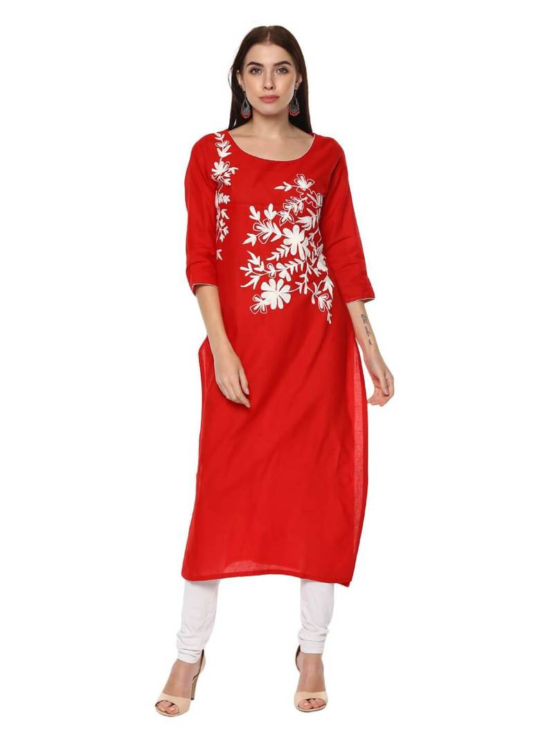 Red Printed Cotton Straight Kurti