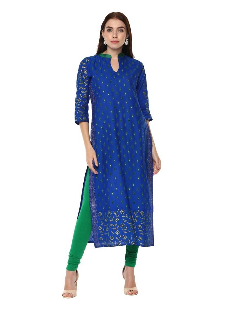Blue Printed Cotton Straight Kurti